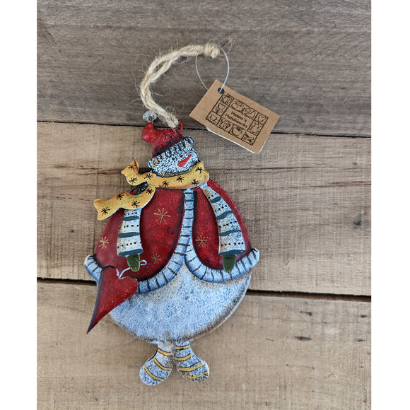Vintage Hanna's Handiworks Metal / Tin Snowman Christmas Ornament with Heart - Picture 1 of 5